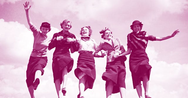 Five single women walking together and holding each other's hands with a pink color filter