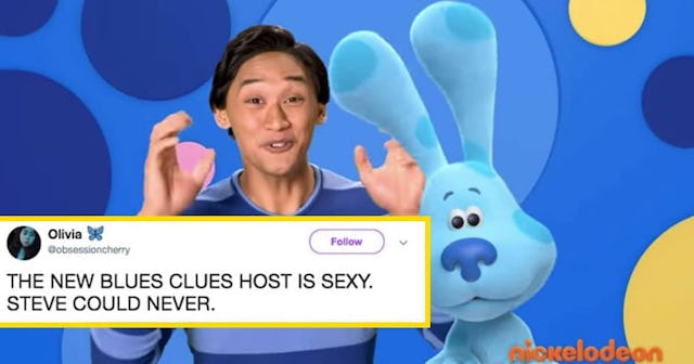 The tweet THE NEW BLUES CLUES HOST IS SEXY. STEVE COULD NEVER over a picture of Joshua Dela Cruz