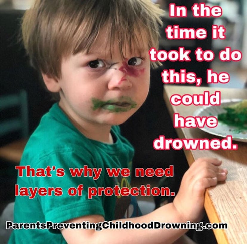 A young boy with paint on his face with a message about how he could've drowned in the same period a...
