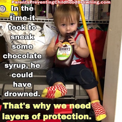 A baby chewing on a chocolate syrup bottle with a message about how it could have drowned in the sam...