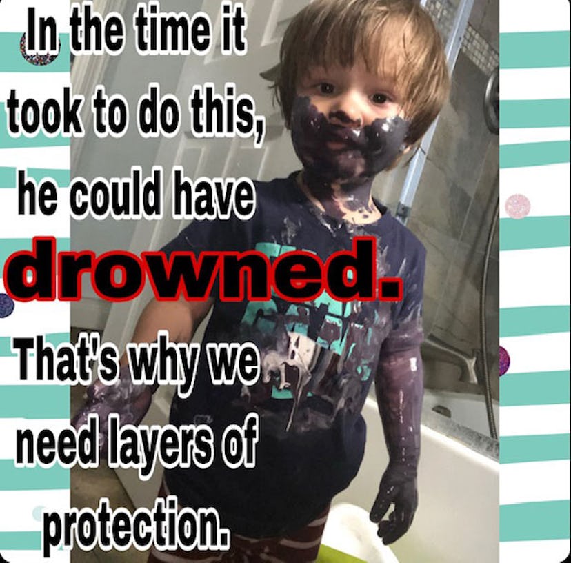 A messy kid covered in paint with a text stating he could've drowned in the same time span as it too...