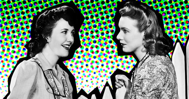 Pop art picture of two young women, complimenting each other while actually meaning to insult each o...