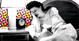 A black-and-white cut-out image of a crying mother with sleep deprivation on a bed next to a nightst...