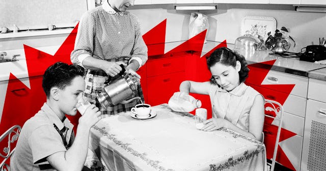 Two children having breakfast at a dining table and their mom pouring coffee next to them in black, ...