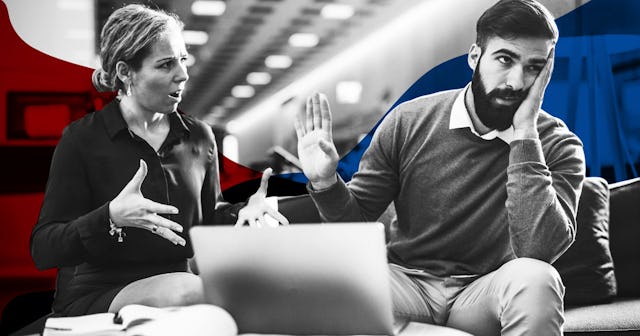 In the black-and-white photograph, a man and a woman are arguing because one of them hasn't experien...