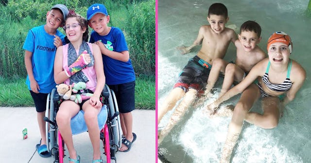 A two-part collage of Cara's two sons and her daughter who got sick