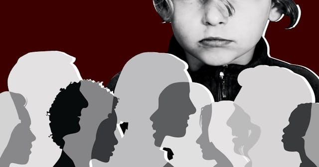 A collage with a lost long-haired kid surrounded by passers-by
