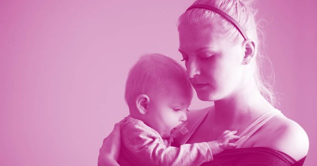 Young mom holding and hugging her little baby with a pink color filter