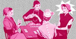 A pink illustration of four ladies playing cards at a table