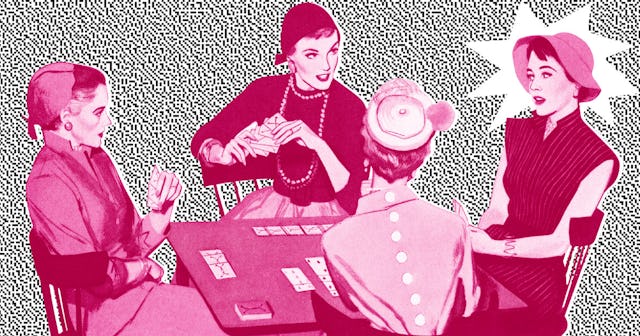 A pink illustration of four ladies playing cards at a table