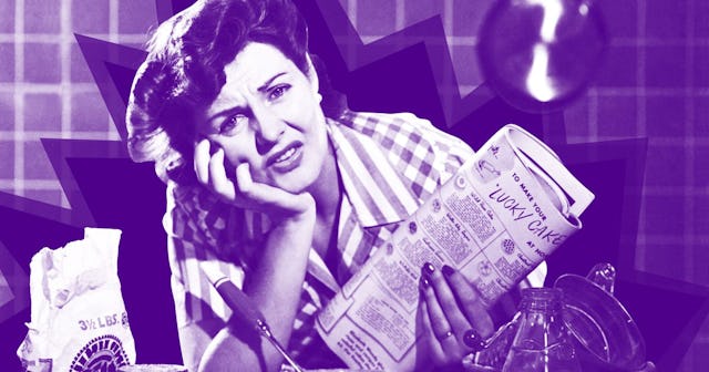 A mom holding a newspaper in one hand and her head in the other, looking frustrated.