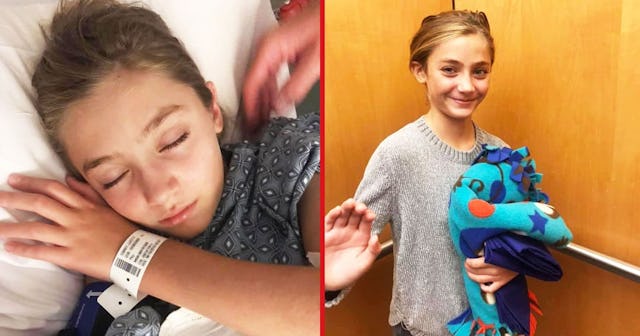 A two-par collage of Sara Gibney's daughter in a hospital bed sleeping and her in an elevator smilin...