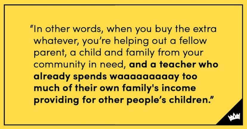A quote about school supplies and teachers written on a yellow background with the scary mommy logo ...