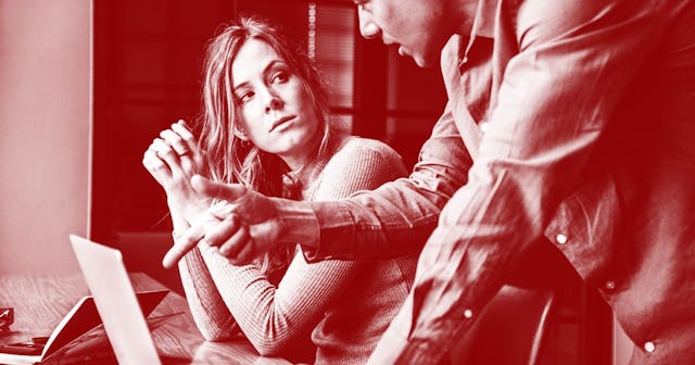 A woman listening to a man explaining something to her with a brown color filter