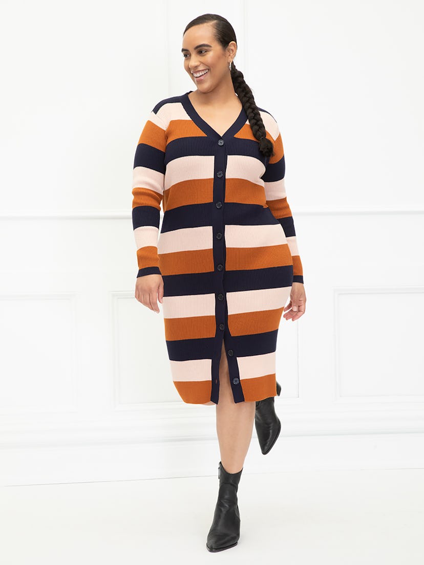 ELOQUII Elements Women's Plus Size Striped Cardigan Sweater Dress