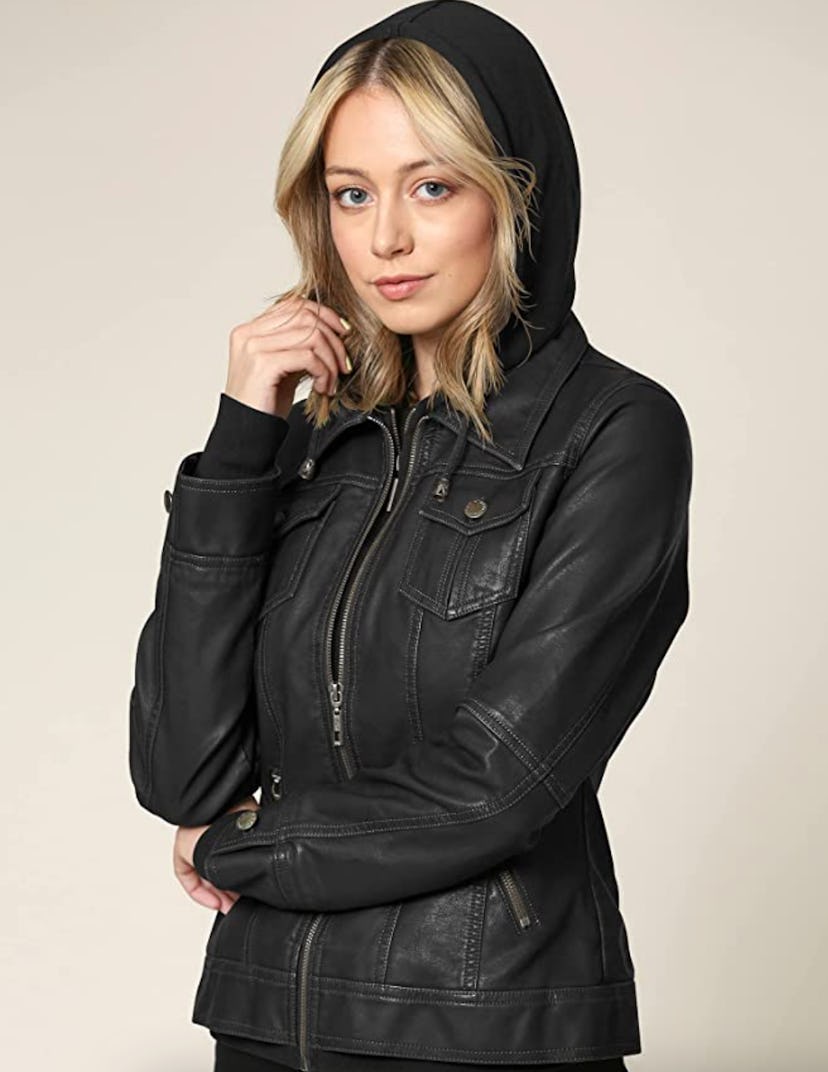 Lock And Love Hooded Faux Leather Moto Jacket