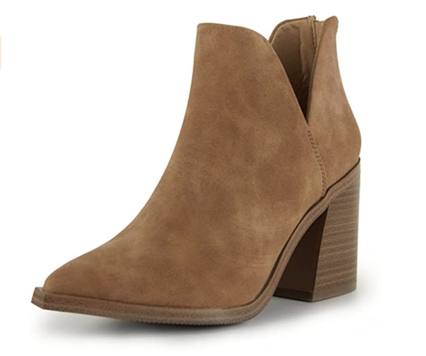 Kathemoi Womens Pointed Toe Stacked Mid Heel Ankle Boots