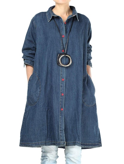 Denim Button Down Tunic With Pockets