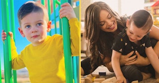 A two-part collage of Stephanie Hanrahan's son at a playground and her smiling and holding her son