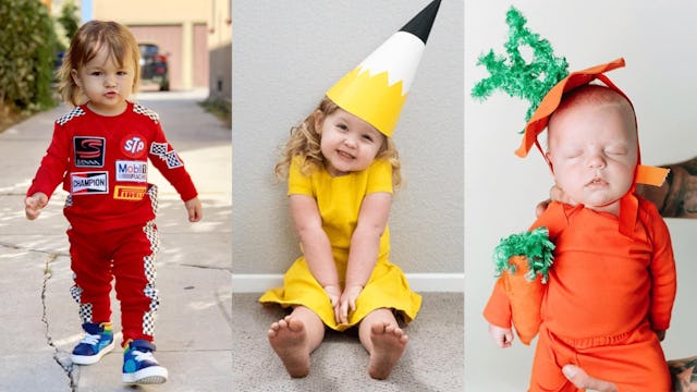 A boy in a red race car driver kids costume, a girl in a yellow pencil kids costume, and a baby in a...