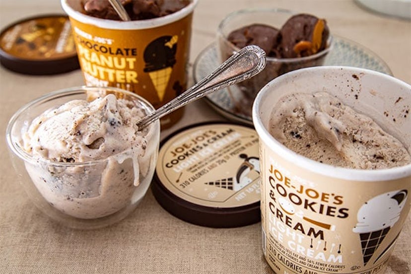 New at Trader Joe's, two tubs and bowls of ice cream beside each other