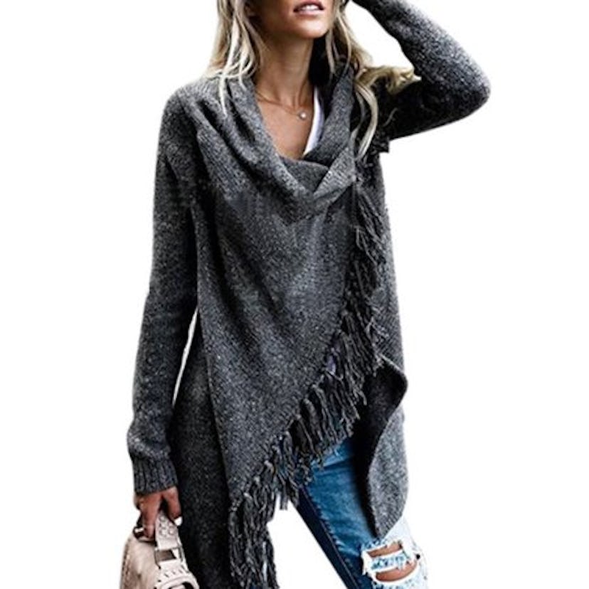 Knitted Long Sleeve Cowl Neck Poncho Sweater Coat
