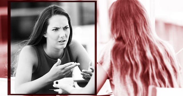 Two female friends sitting and arguing