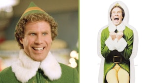 A two-part collage with the close-up of Will Ferrel as 'Buddy The Elf' and his 7-Foot inflatable ver...