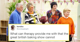 "What can therapy provide me with that the great british baking show cannot" tweet and a photo of Gr...