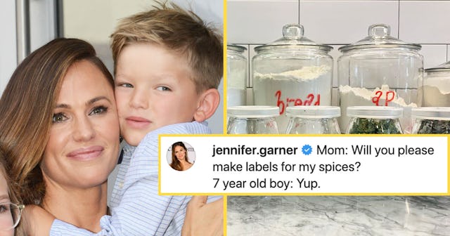 "Make labels for my spices? 7-year-old boy: Yup." tweet by Jennifer Garner and her photo with her so...