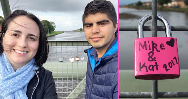 Mike and Kat's selfie and their pink love lock from 2017