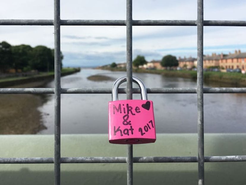 Mike and Kat's pink love lock on a bridge from 2017