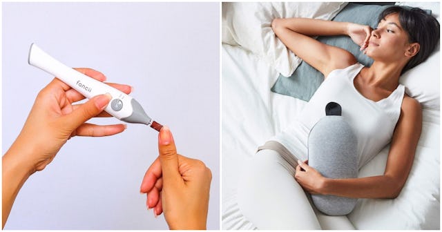 Fancii Mynt DIY Mani/Pedi Tool next to a pregnant woman with a Ostrich Heatbag Pillow lying on her b...
