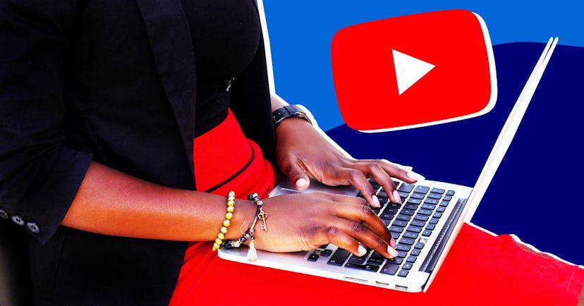 Woman typing on a gray laptop that’s on her lap, blue background with YouTube sign