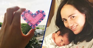 A hand holding a crafted heart next to a mother holding her newborn baby because she was hospitalize...