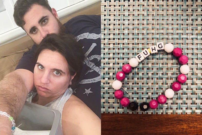 Hugged woman and man taking a picture looking tired, and a bracelet with FUHG text