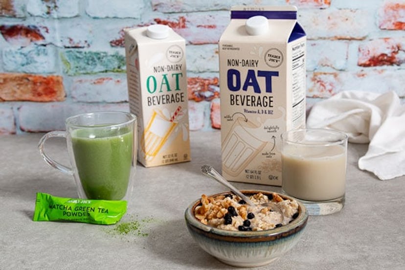 New at Trader Joe's, oat milk cartons next to glasses