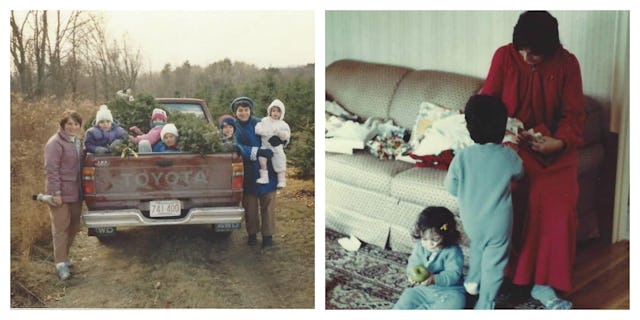 A two-photo collage of Liz Curtis Faria and her family during the Holidays standing around a car and...