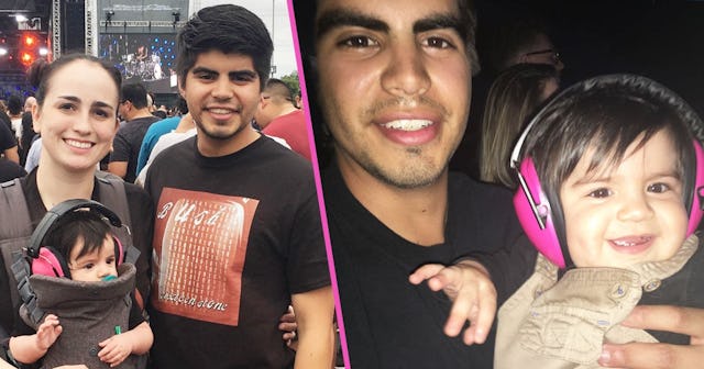 5-month-old, Maxwell at a rock concert with parents. Maxwell is wearing pink infant earmuffs.