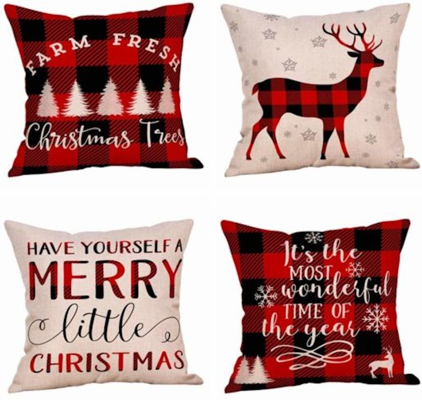 4-Pack Farmhouse Christmas Red Black Buffalo Plaids Throw Pillow Case