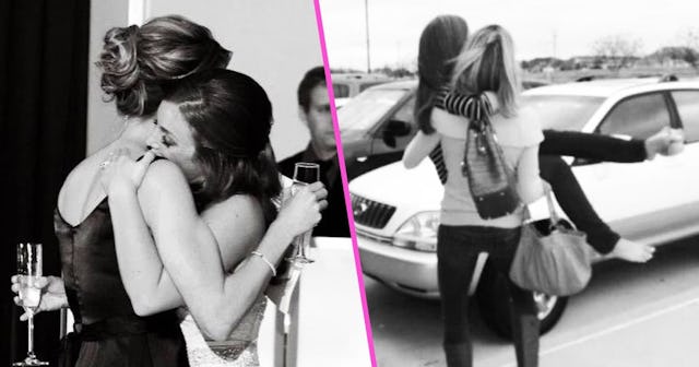 Two girls hugging and one girl carrying the other one
