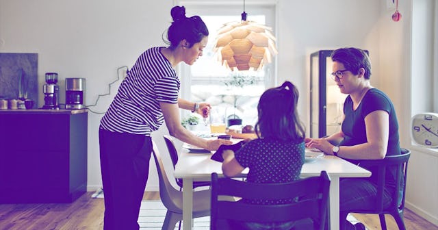 Two women with their tween child using the '2 Questions' approach to discuss social justice topics