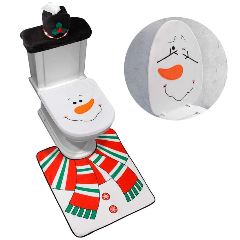 D-FantiX 4-Piece Snowman Santa Toilet Seat Cover and Rug Set