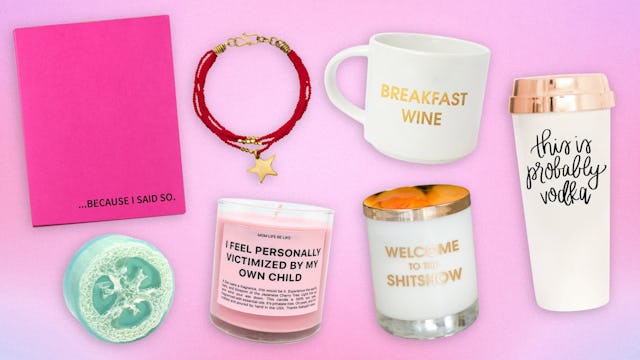A collage with unique gifts for moms (notebook, candles, a bracelet, a loofah, and a cup)