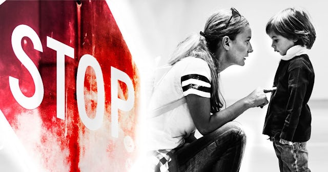 A woman scolding her child next to the red stop sign saying 'don't do that' and 'stop'