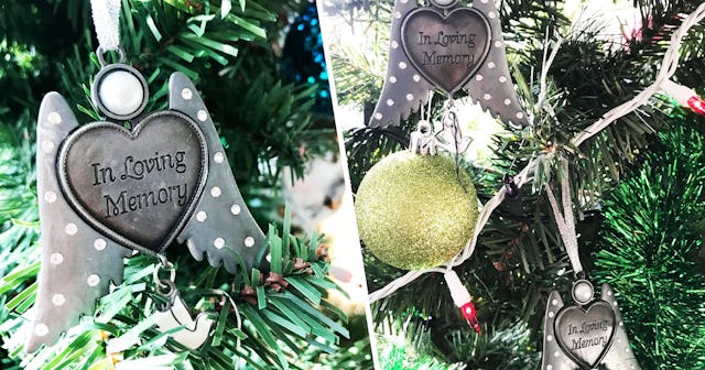 A collage with heart-shaped Christmas ornaments with wings as a way for Carla Roberts to celebrate w...