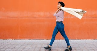 confidence building exercises, woman walking down the street