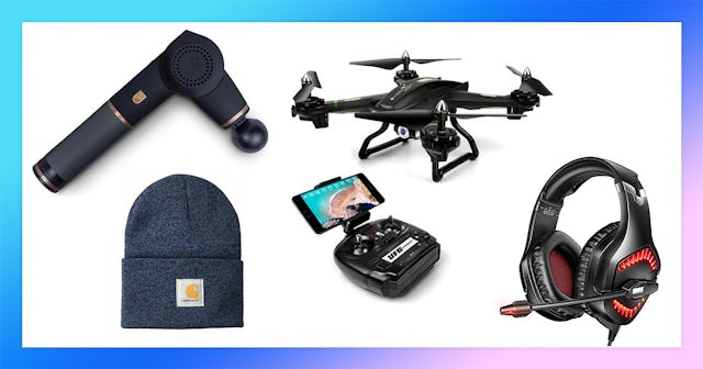 A collage with a massage device, a drone with a Wi-Fi live camera and a remote, a black cap, and a b...