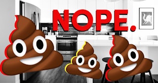 Three poop emojis and a "nope sign" over a kitchen photo
