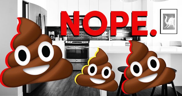 Three poop emojis and a "nope sign" over a kitchen photo